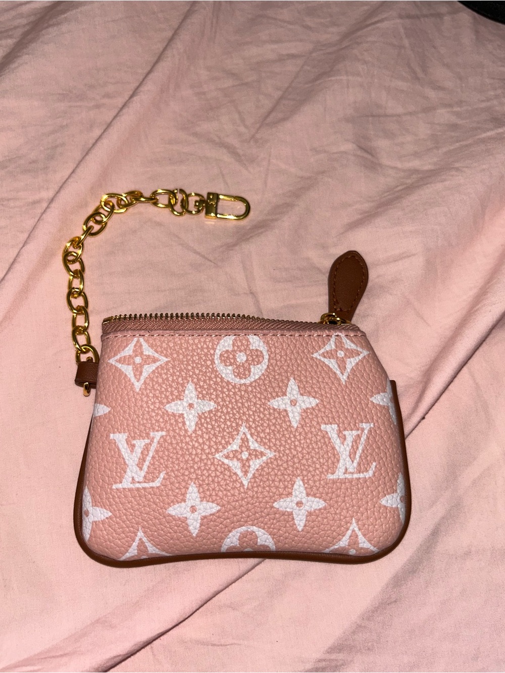 Designer-Inspired Pink Monogram Coin Pouch with Gold Chain